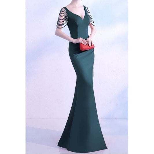 Sleeveless V-Neck Plain Beaded Slit Trumpet Evening Gown