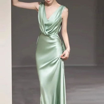 Sleeveless V-Neck Plain Open Back Satin Mermaid Evening