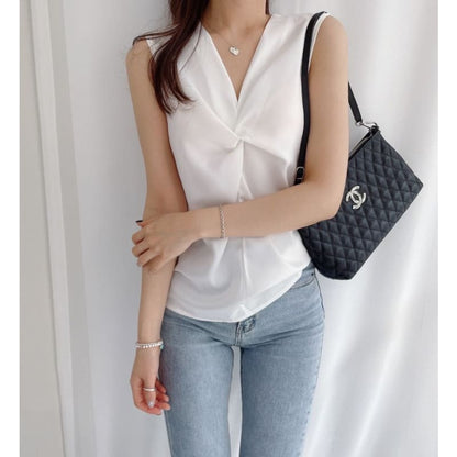 Sleeveless V-Neck Plain Twist Blouse