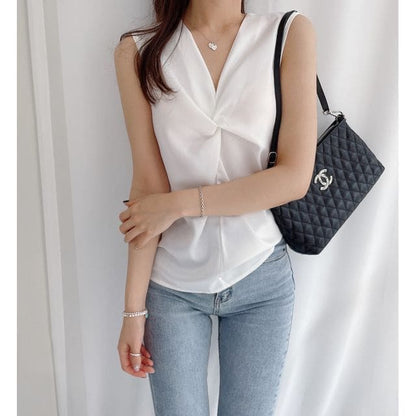 Sleeveless V-Neck Plain Twist Blouse - White / S