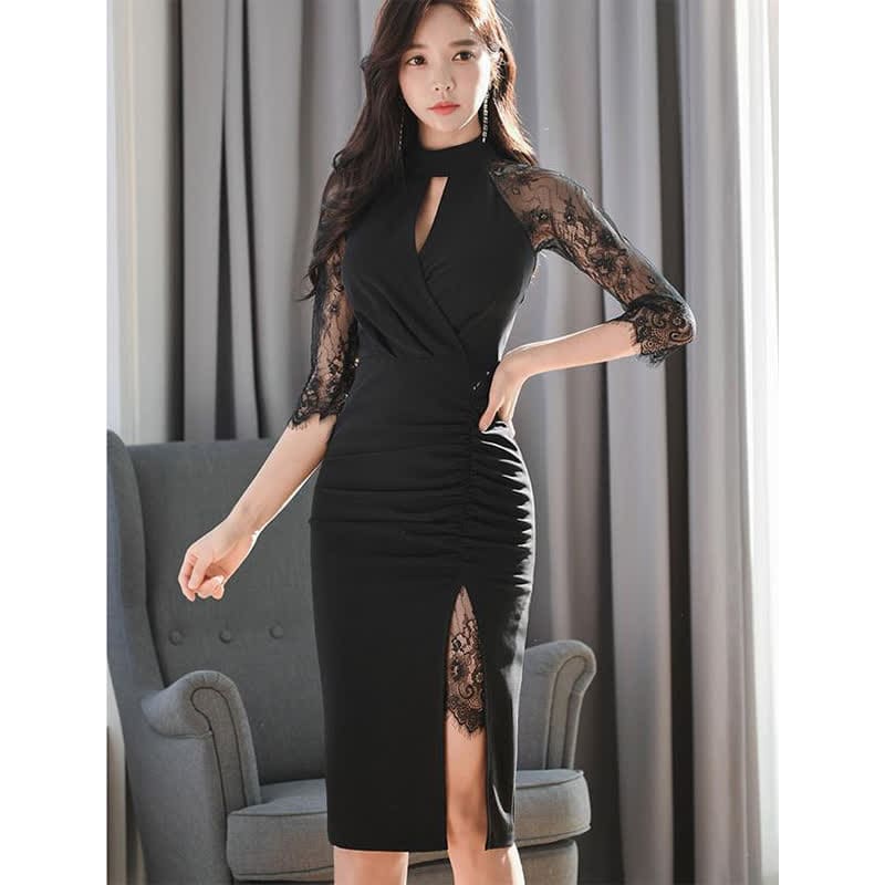 Slim Hollow Out Lace Sleeve Ruffled Split Black Dress