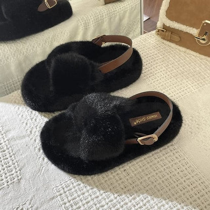 Slingback Fluffy Platform Sandals - Black / 35