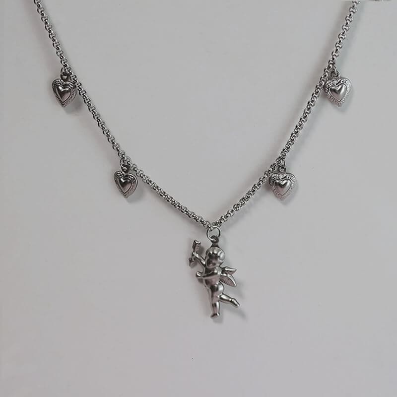 Sliver Heart Bow Necklace - Cupid - Necklaces