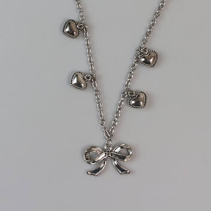 Sliver Heart Bow Necklace - Necklaces