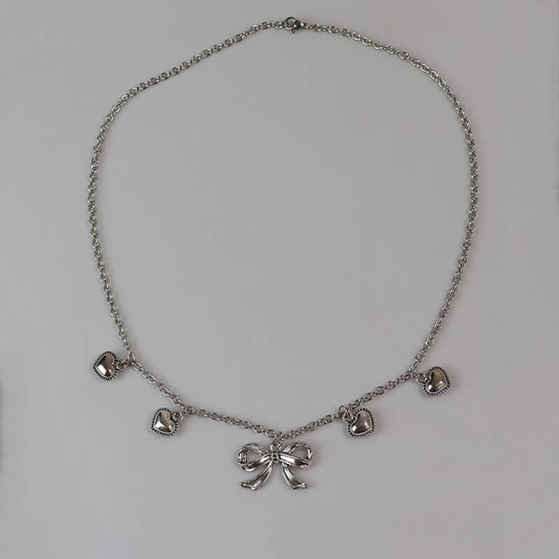 Sliver Heart Bow Necklace - Necklaces