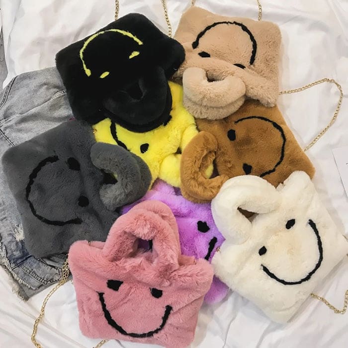 Smiley Face Fuzzy Handbag - Handbags