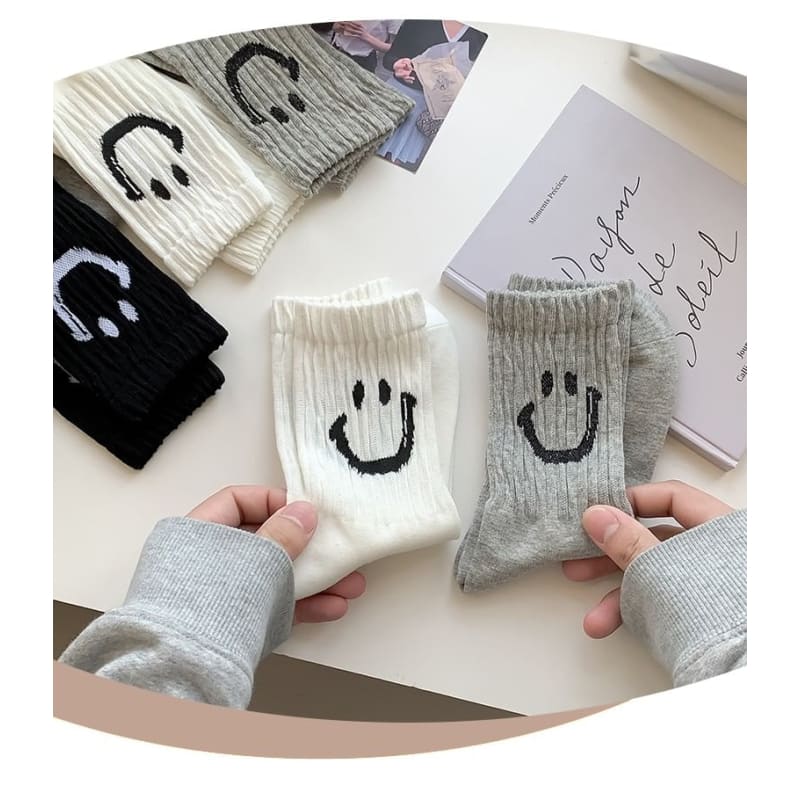 Smiley Face Print Ribbed Socks / Set