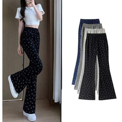 Smiley Print High Waist Drawstring Sheath Flare Sweatpants