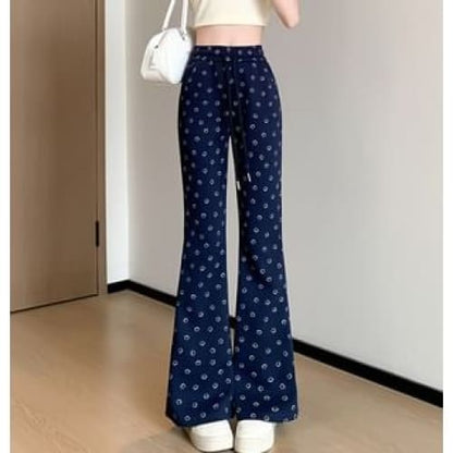 Smiley Print High Waist Drawstring Sheath Flare Sweatpants