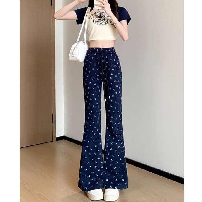 Smiley Print High Waist Drawstring Sheath Flare Sweatpants