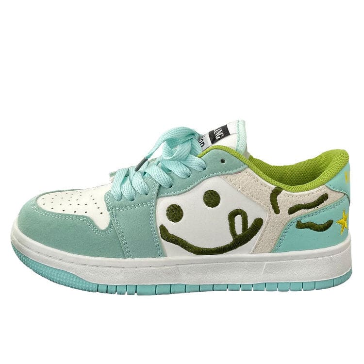 Smiling Face Embroidery Mint Green Sneakers - Sneakers