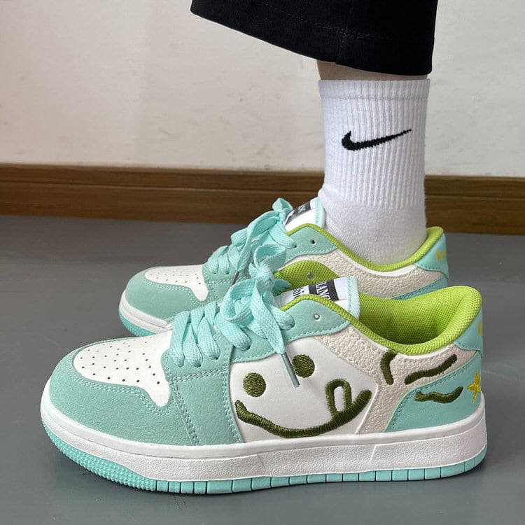 Smiling Face Embroidery Mint Green Sneakers - Sneakers