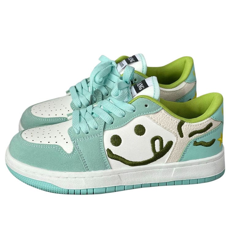 Smiling Face Embroidery Mint Green Sneakers - EU36 (US6.0)