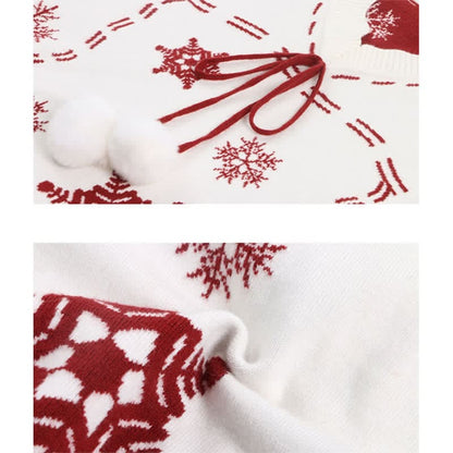 Snowflake Print Fuzzy Ball Sweater Flouncing Slip Dress