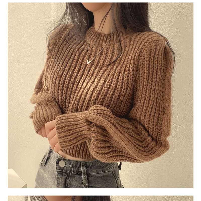 Soft Bubble-Sleeve Cropped Sweater