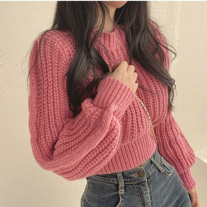 Soft Bubble-Sleeve Cropped Sweater - Pink / One Size