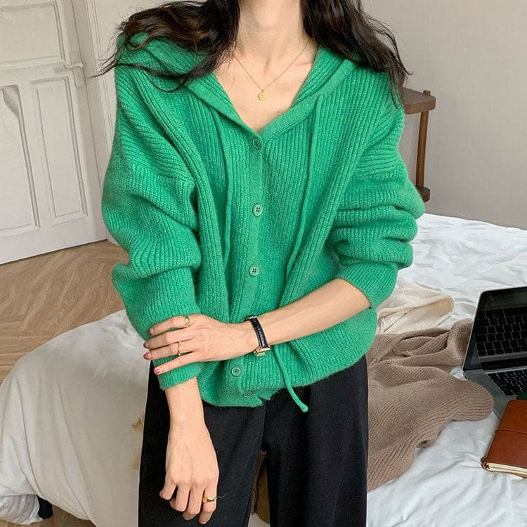 Soft Casual Knit Hoodie - Free Size / Green - Hoodie