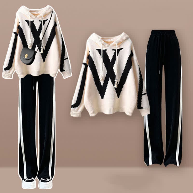 Soft Colorblock Hooded Sweater Casual Pants - White Sweater