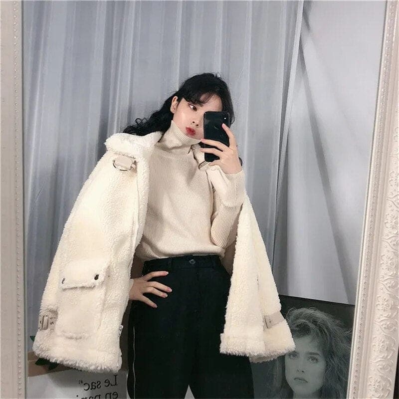 Soft Motocycle Warm White Sweet Plus Size Faux Fur Coat