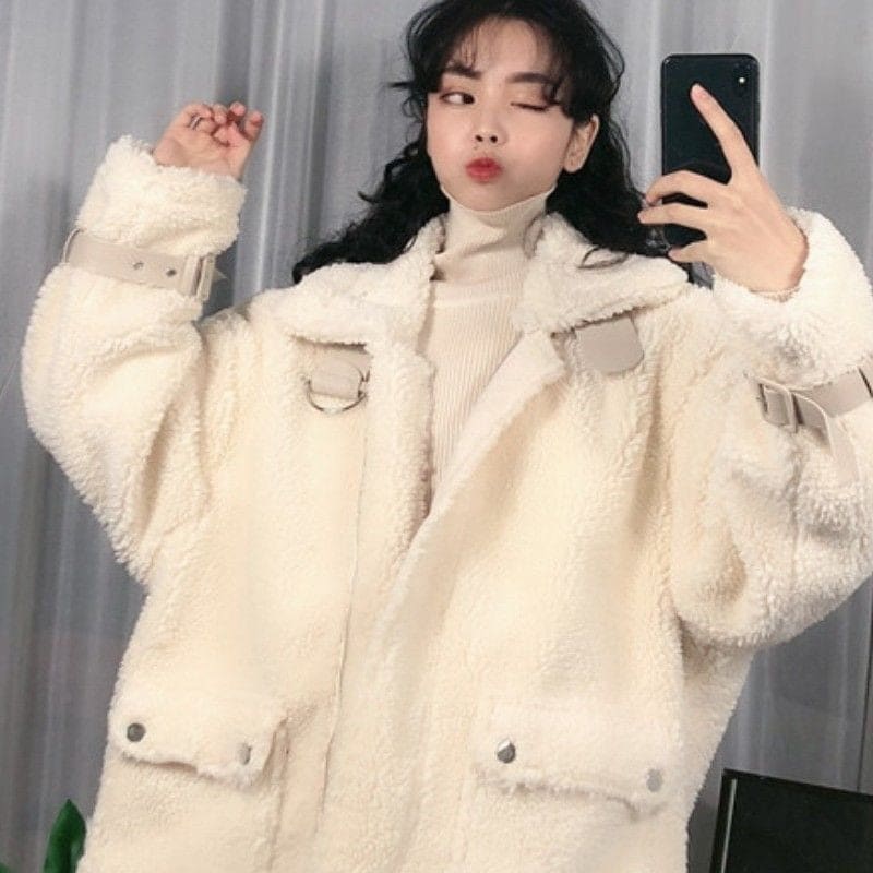 Soft Motocycle Warm White Sweet Plus Size Faux Fur Coat