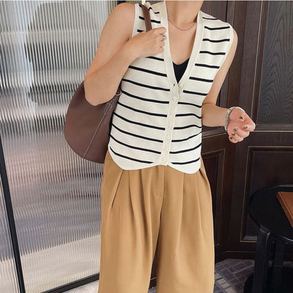 Soft Striped Button Up Vest - Vest