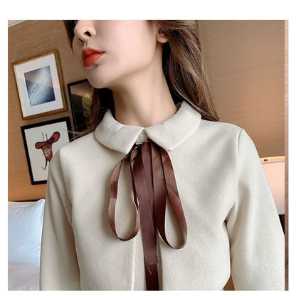 Solid Lace up Bow Tie Peter Pan Collar Fake 2 Piece Woolen