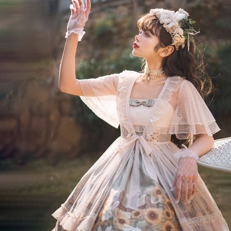 Spaghetti Lolita Strap Rabbit Print Midi A-Line Dress