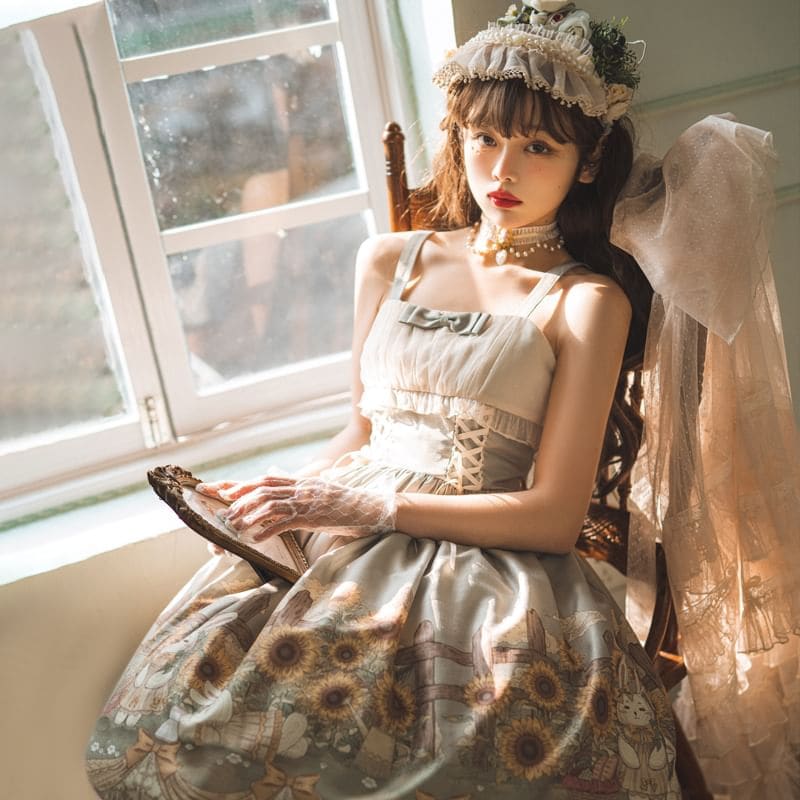 Spaghetti Lolita Strap Rabbit Print Midi A-Line Dress