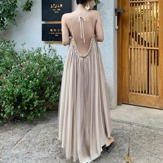 Spaghetti Strap Backless Panel Mesh Maxi