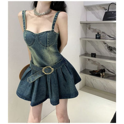 Spaghetti Strap Belted Denim Mini