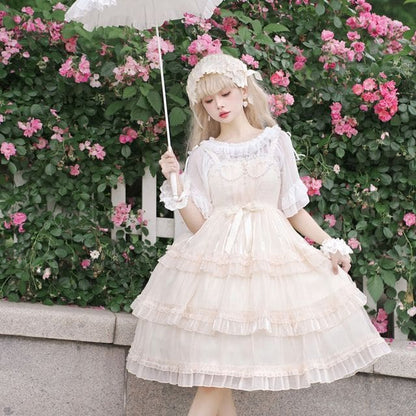 Spaghetti Strap Bow Two Tone Lolita A-Line Dress - Almond