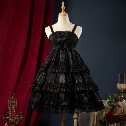 Spaghetti Strap Bow Two Tone Lolita A-Line Dress - Black / S