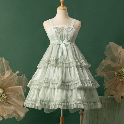 Spaghetti Strap Bow Two Tone Lolita A-Line Dress - Green / S