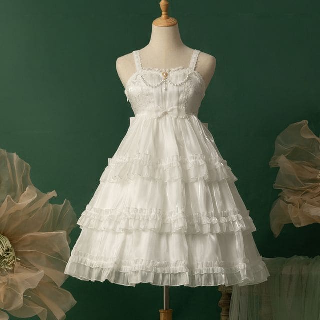 Spaghetti Strap Bow Two Tone Lolita A-Line Dress - White / S