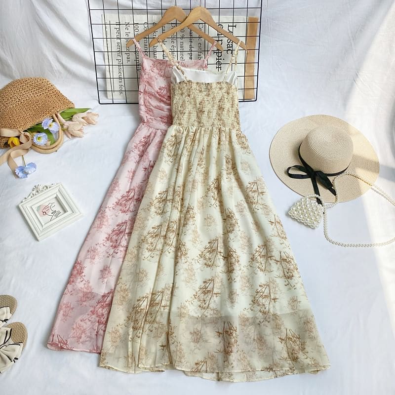 Spaghetti Strap Floral Midi A-Line Dress