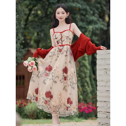 Spaghetti Strap Floral Print Maxi - Dress - Red Trim