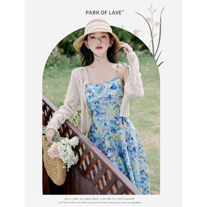 Spaghetti Strap Floral Print Midi A-Line Dress / Plain