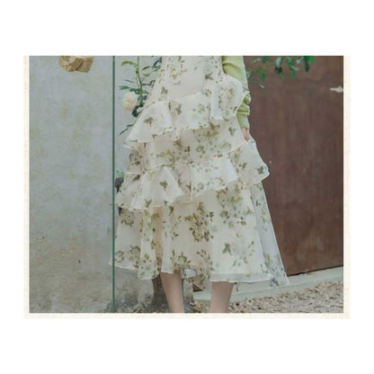 Spaghetti Strap Floral Print Ruffled Midi