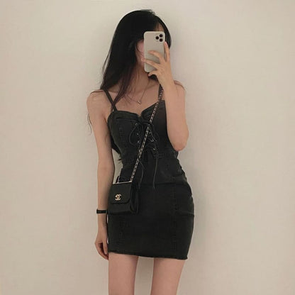 Spaghetti Strap Lace Up Mini Sheath Denim Dress