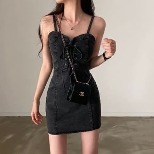 Spaghetti Strap Lace Up Mini Sheath Denim Dress - Black