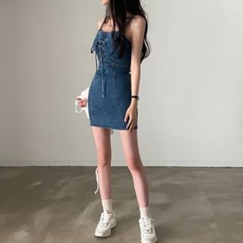 Spaghetti Strap Lace Up Mini Sheath Denim Dress - Blue