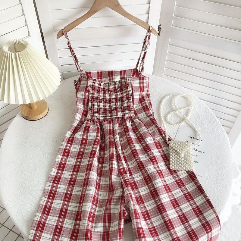 Spaghetti Strap Plaid Jumpsuit