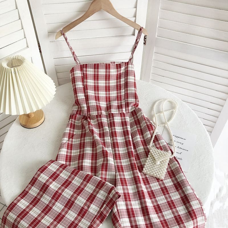 Spaghetti Strap Plaid Jumpsuit