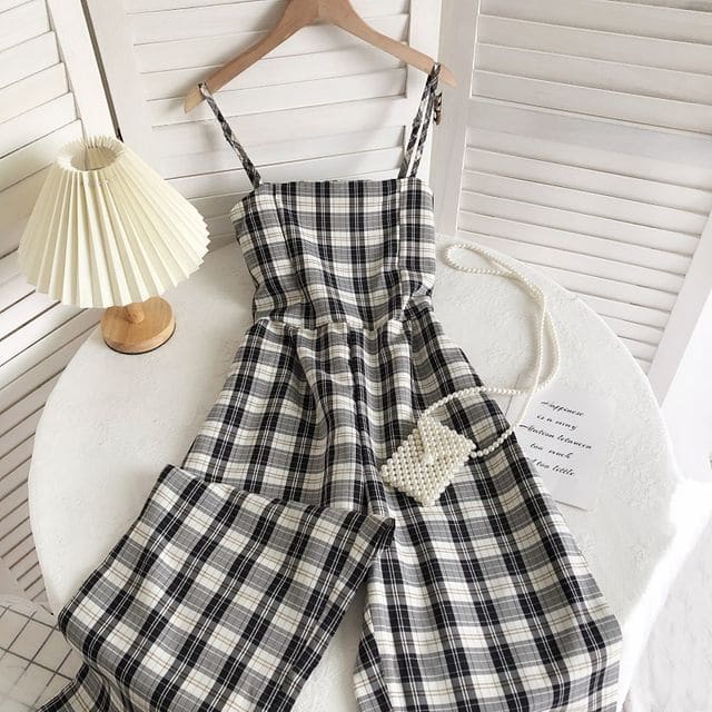 Spaghetti Strap Plaid Jumpsuit - Black / One Size