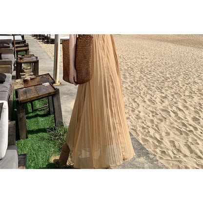 Spaghetti Strap Plain Accordion Pleat Midi Sundress