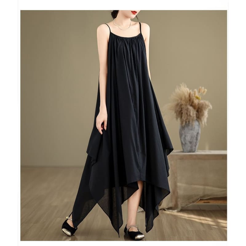 Spaghetti Strap Plain Asymmetrical A-Line Dress - Dresses