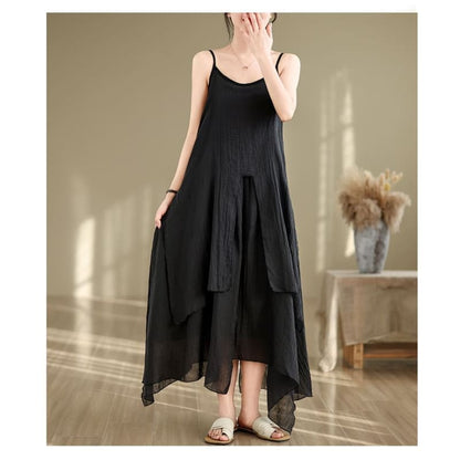 Spaghetti Strap Plain Asymmetrical Maxi A-Line Dress