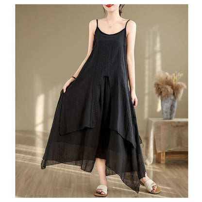 Spaghetti Strap Plain Asymmetrical Maxi A-Line Dress