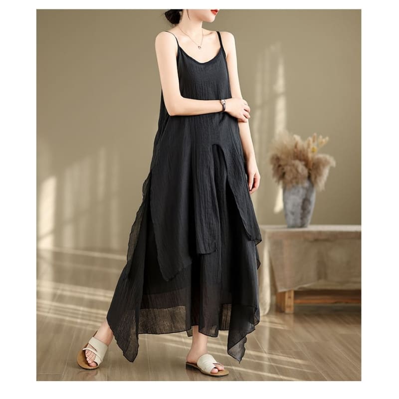 Spaghetti Strap Plain Asymmetrical Maxi A-Line Dress