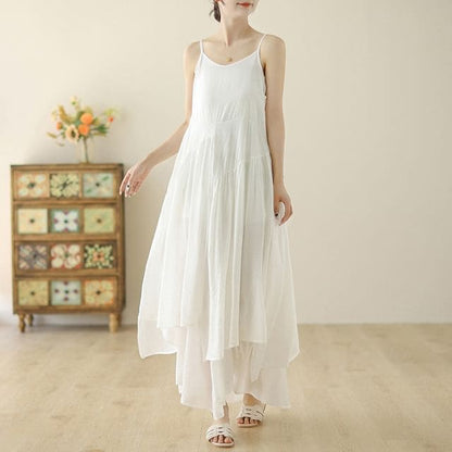 Spaghetti Strap Plain Asymmetrical Maxi Sundress - White / L